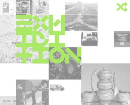 green text reading "exhibition" over black and white images of student work