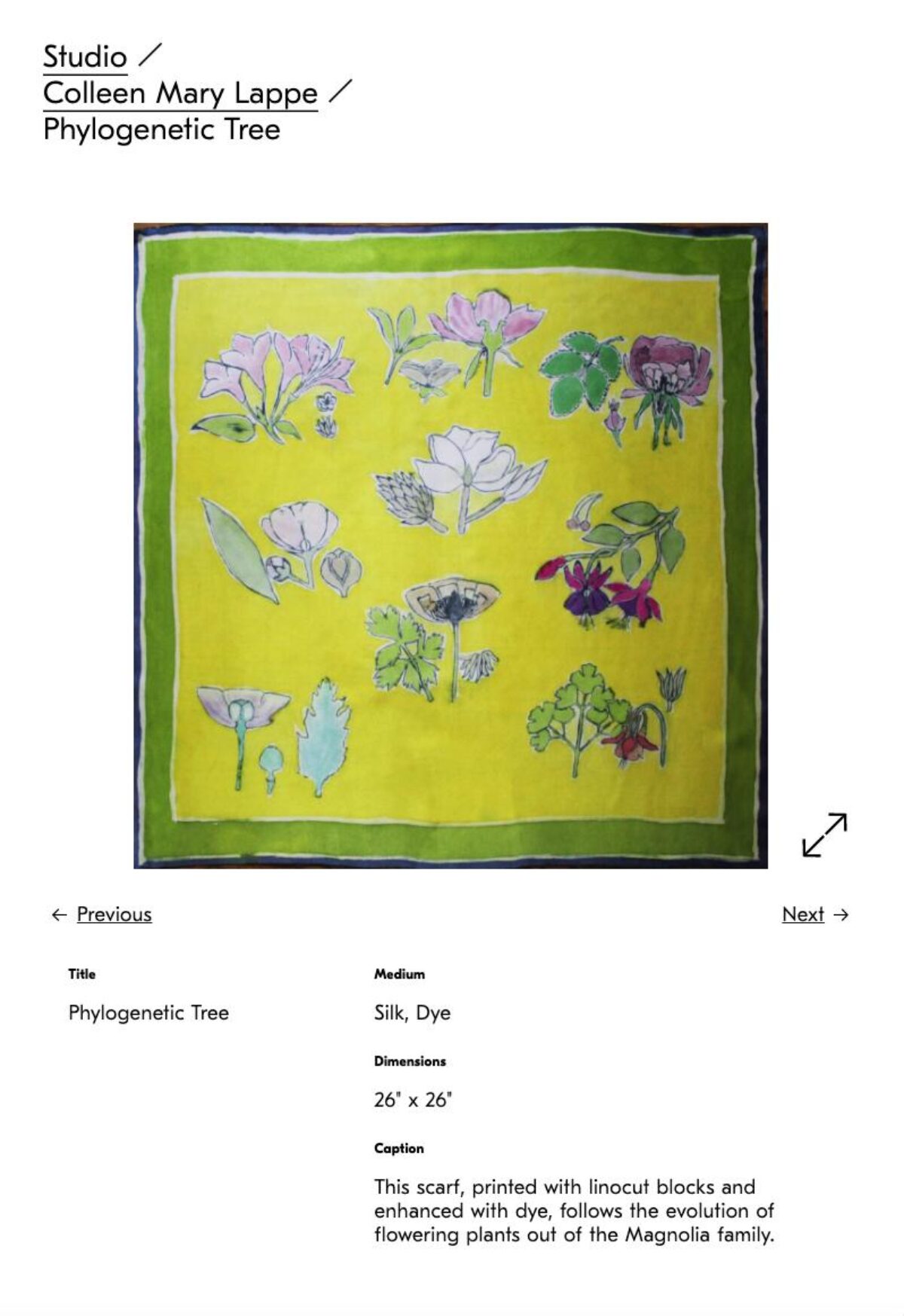 screenshot of sample image page featuring a yellow dyed fabric piece with painted flowers