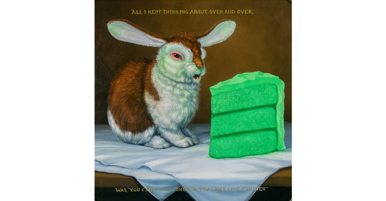 white brown bunny with green cake slice