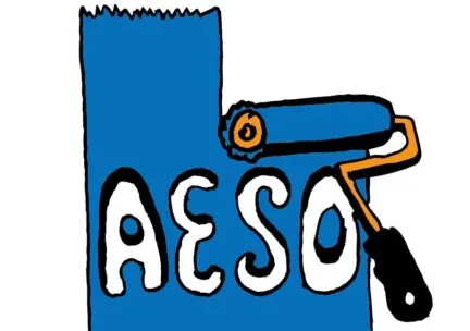 A cartoon image of a paint roller covering a wall in blue, the acronym AESO appears in white letters over the blue.