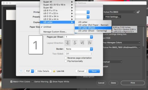 menu selecting paper size