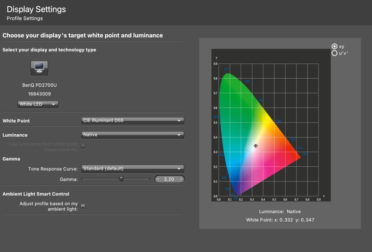 screenshot of i1profiler display settings menu