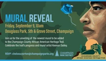 Mural Reveal with profile of black man and information on unveiling