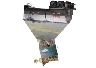 A photomontage composed of photographs of a liquid container truck labeled 
