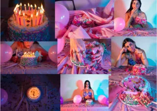 A collage of self portraits with a birthday cake