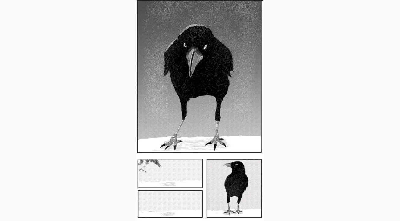 A manga page with a drawings of a crow