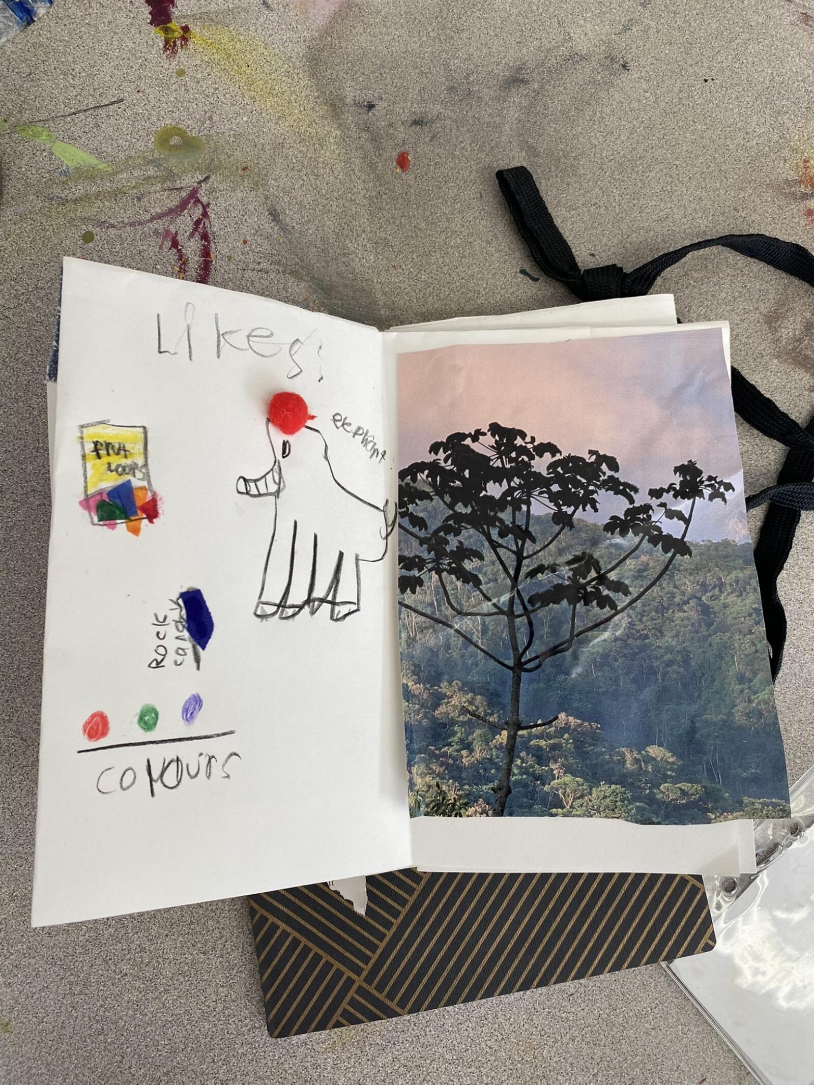 a child's book with collage elements and drawings