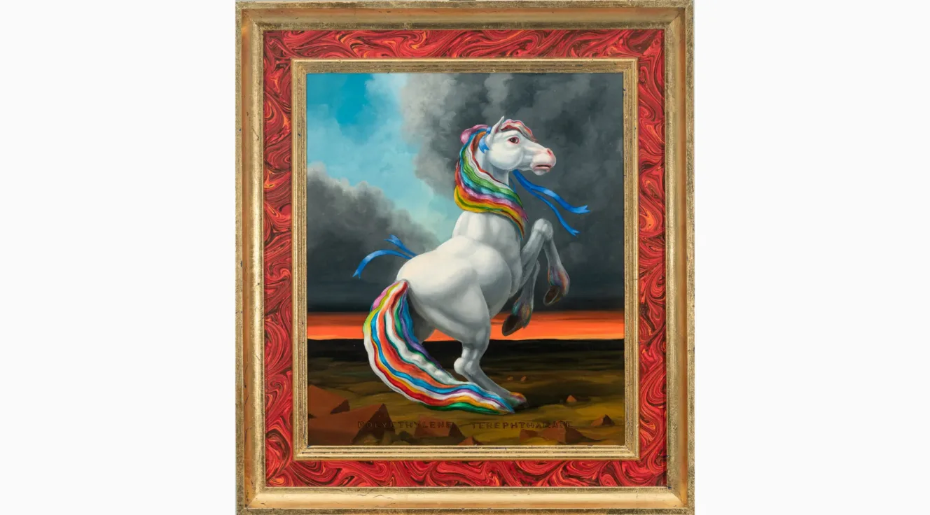 A framed painting of a white pony on a landscape