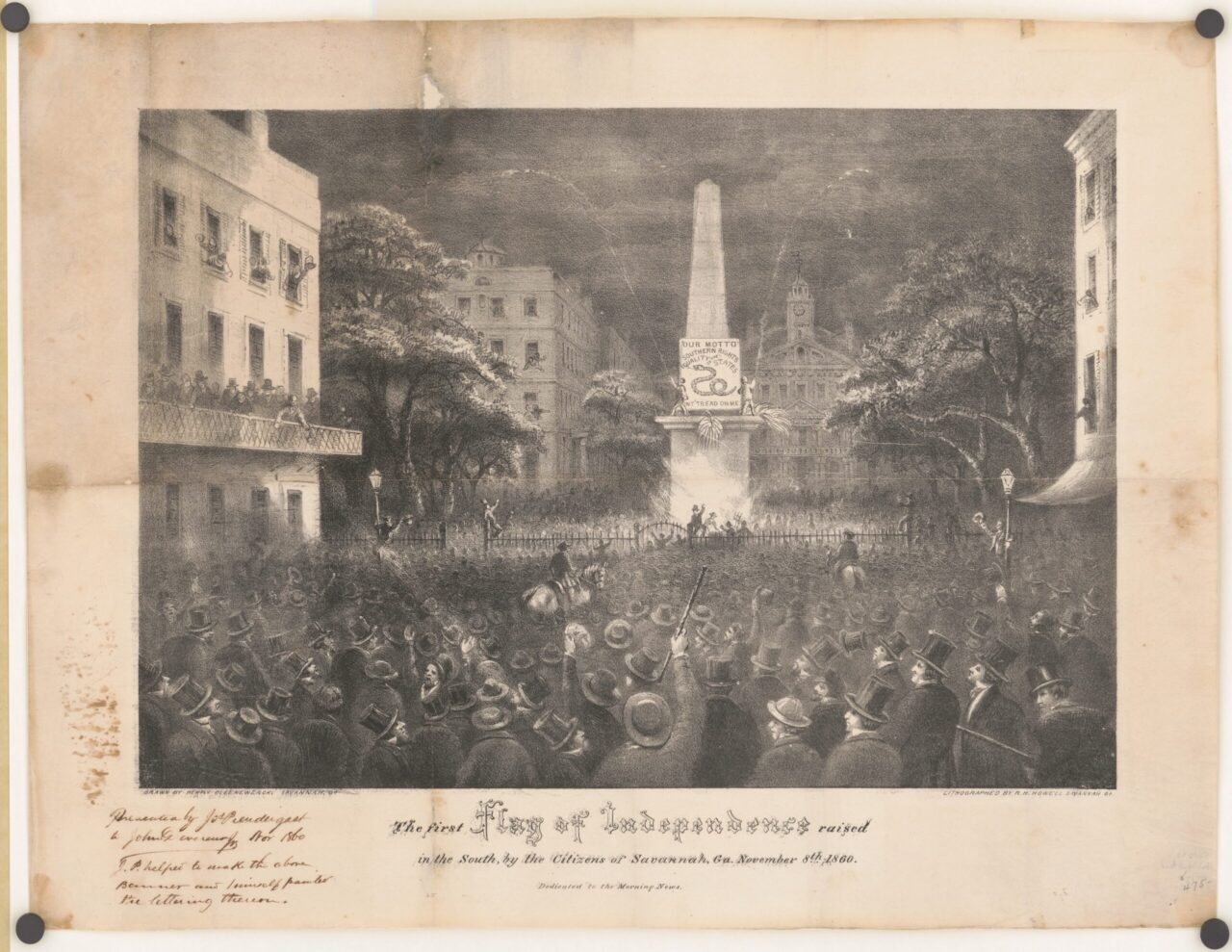 Historical print of the public meeting in Johnson Square, Savannah, Georgia