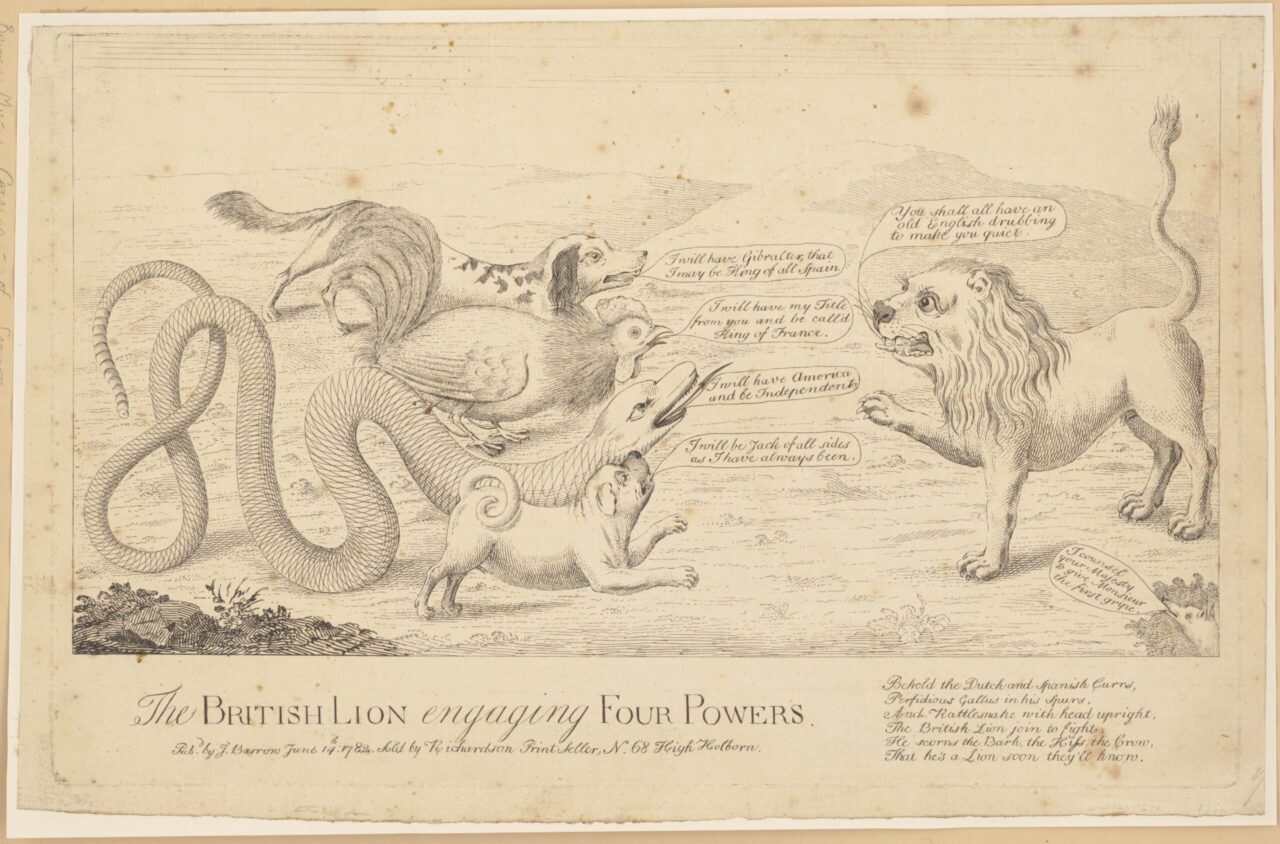 Lion confronting spaniel (Spain), fighting cock (France), rattlesnake (America) pug dog (Holland)