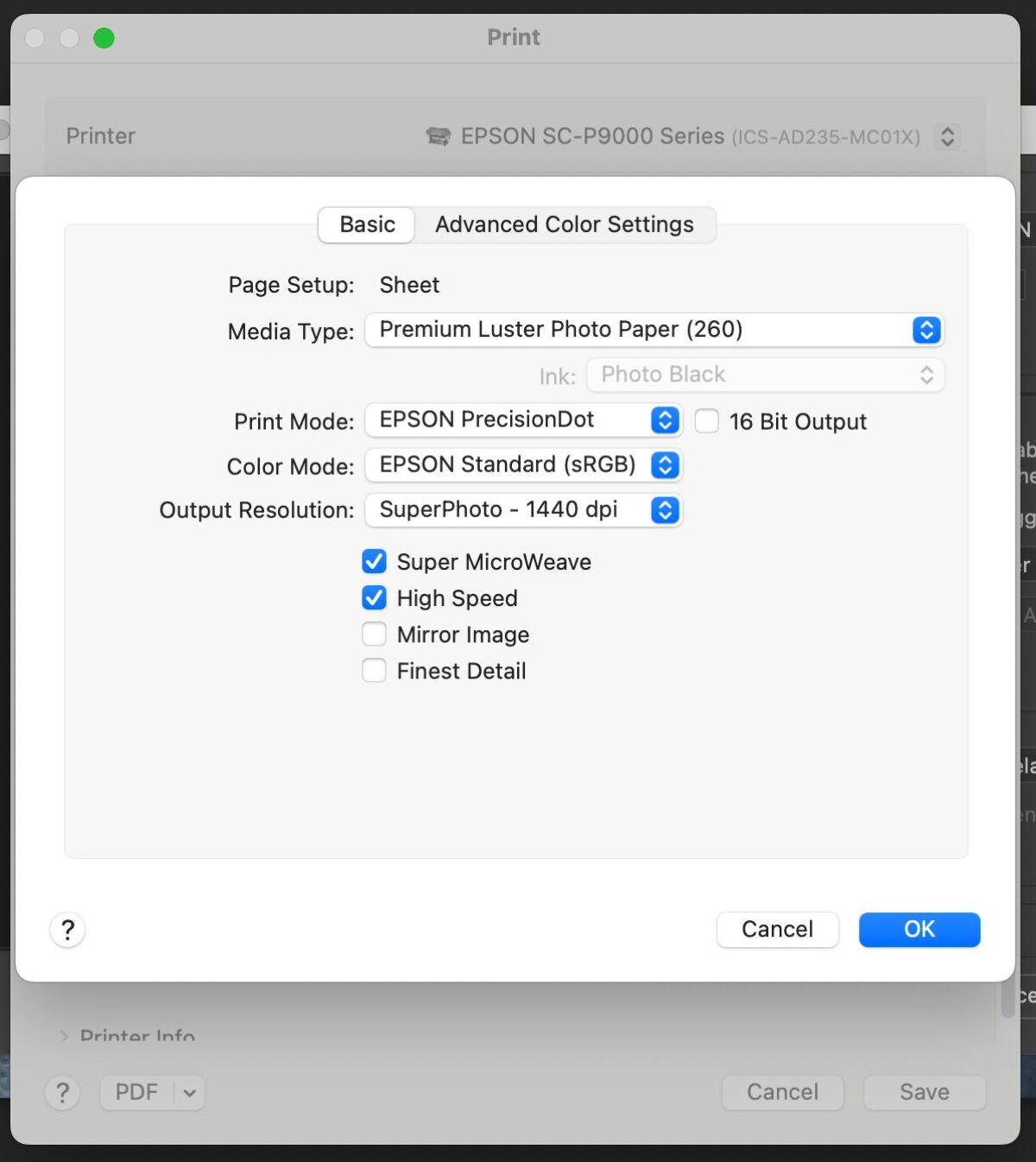 Printer Settings Menu Options