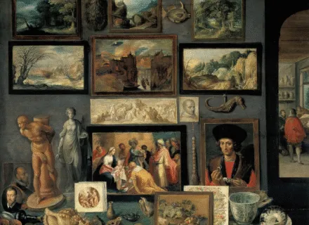 Painting of a cabinet of curiosities showing a number of paintings hanging on a wall; ca. 1619, by Flemish artist Frans Francken the Younger