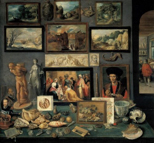 Painting of a cabinet of curiosities showing a number of paintings hanging on a wall; ca. 1619, by Flemish artist Frans Francken the Younger