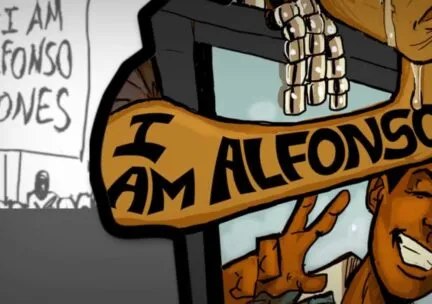 Detail of graphic novel with "I am Alphonso" written on a young person's arm