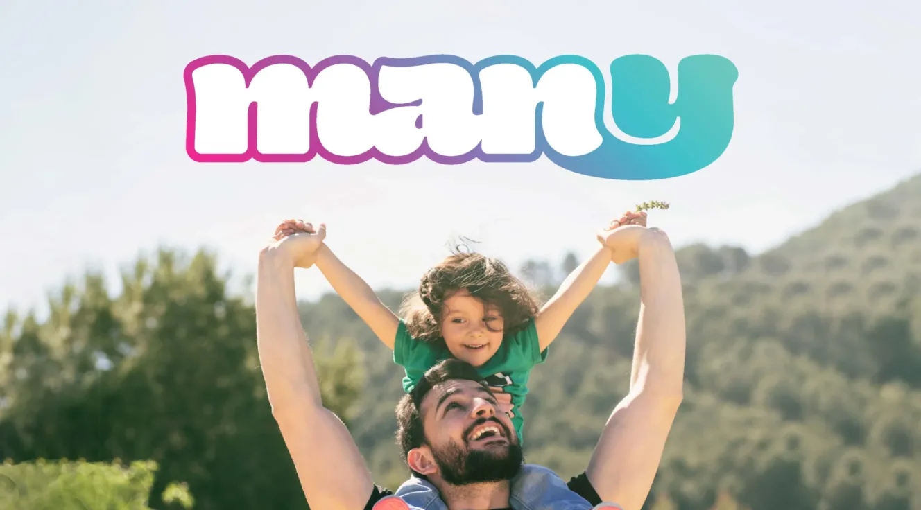 "Many" logo above happy child riding on a man's shoulders