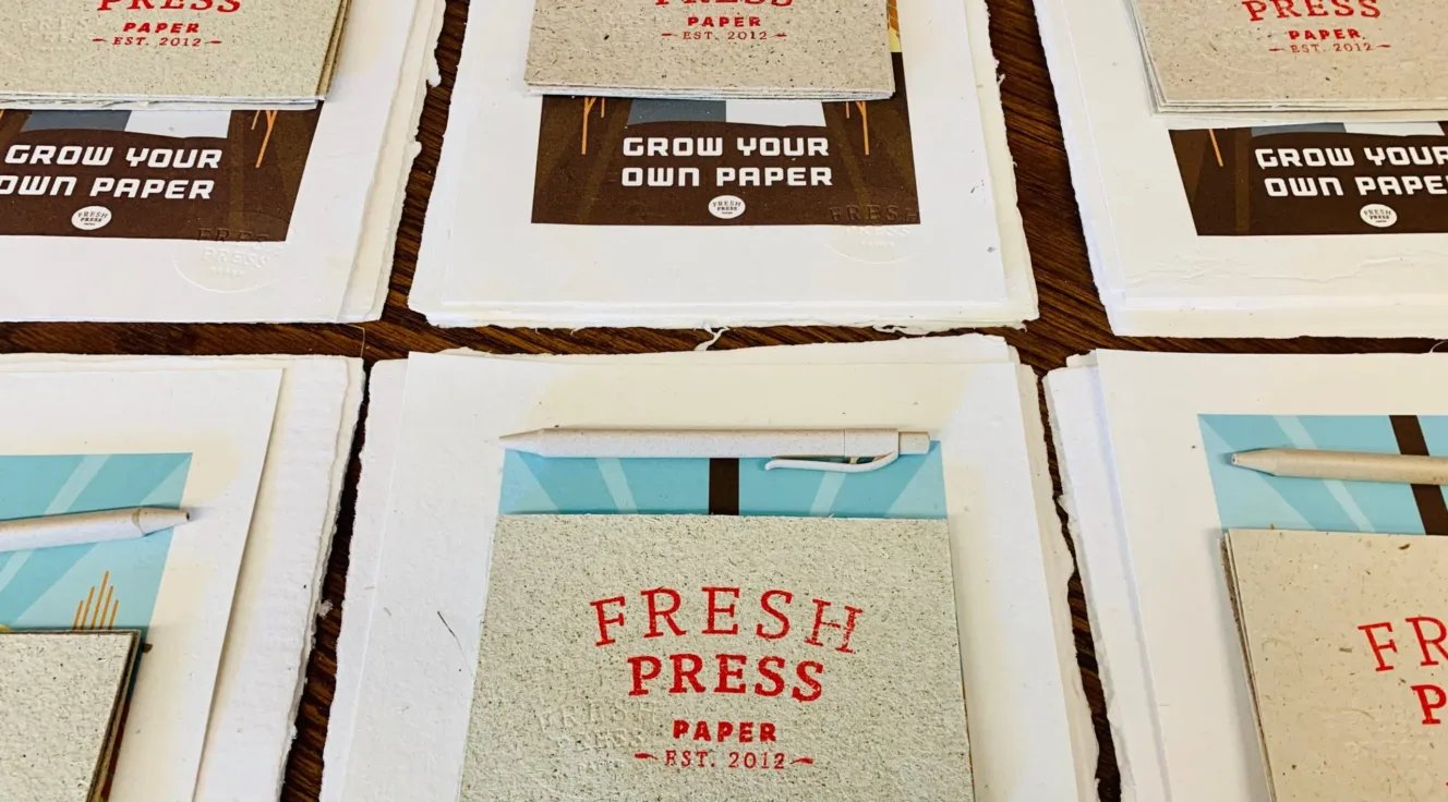 Fresh Press notecards and “Grow Your Own Paper” prints given to each attendee at our Introduction to Papermaking Workshops.