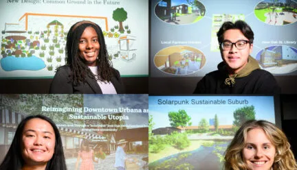 collage of 4 students with their design posters behind them