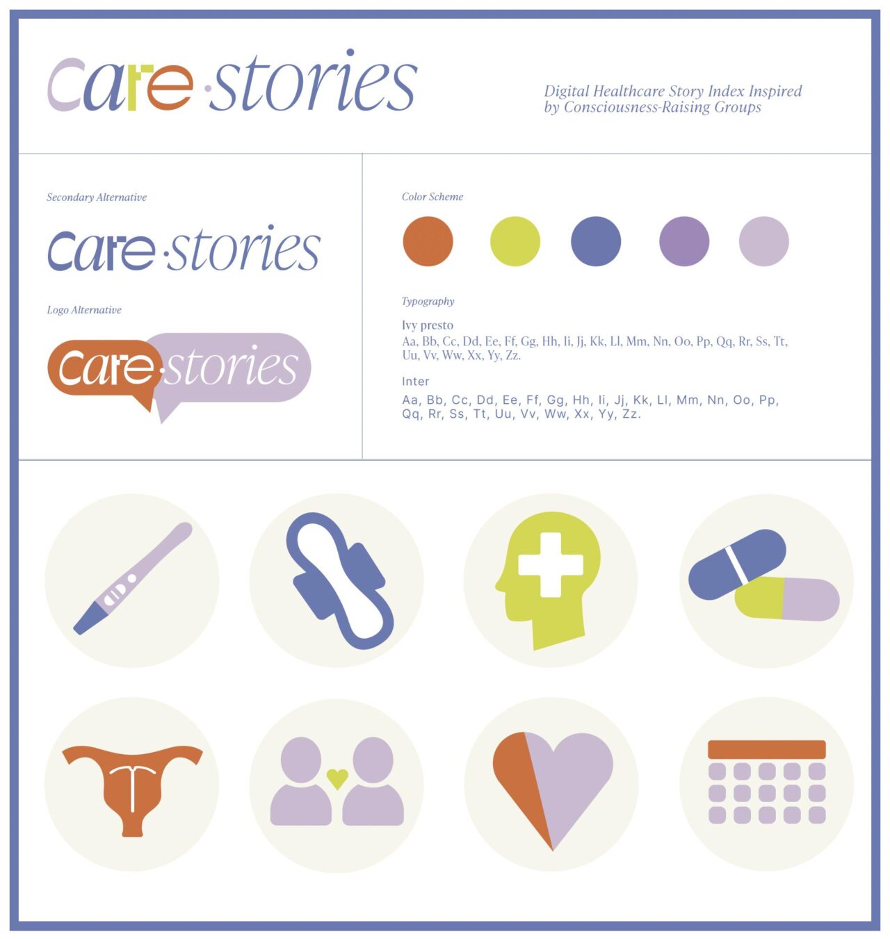 Diagram showing the colorway and icons associated with the Care•Stories brand