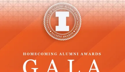 orange graphic with white text and block I for homecoming almuni awards Gala