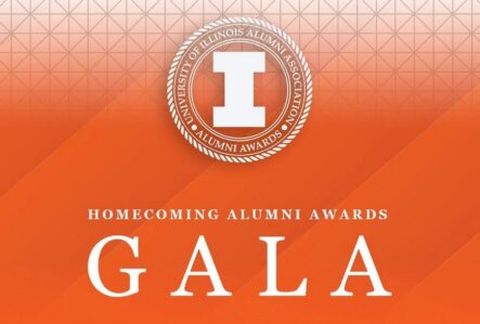 orange graphic with white text and block I for homecoming almuni awards Gala