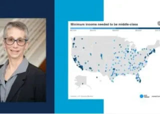 portrait of Lynne Dearborn with map of USA with housing minimum income towns