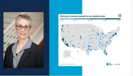 portrait of Lynne Dearborn with map of USA with housing minimum income towns