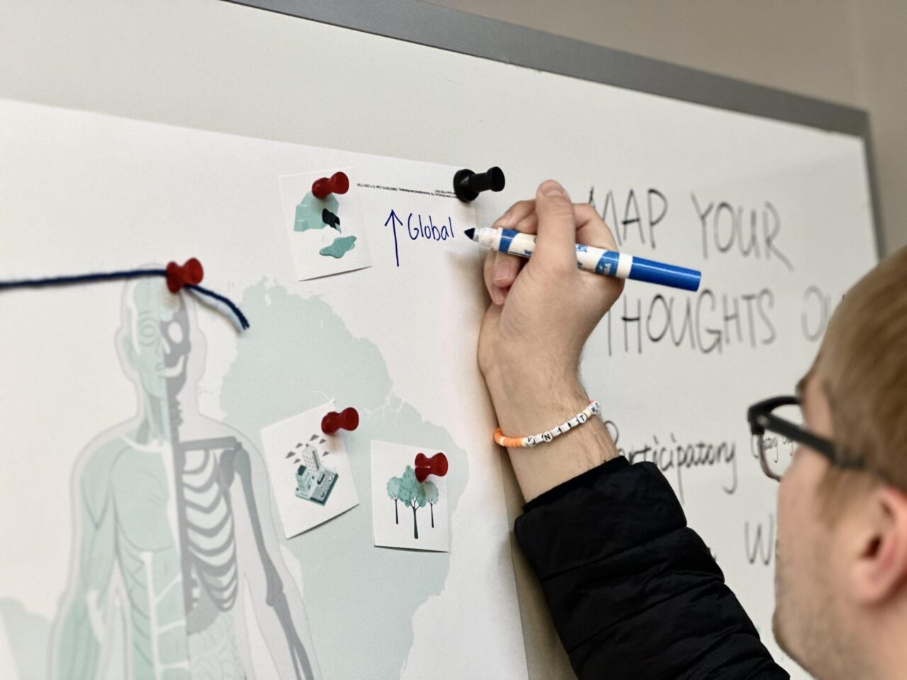 Closeup of participant working on a cognitive map with a marker
