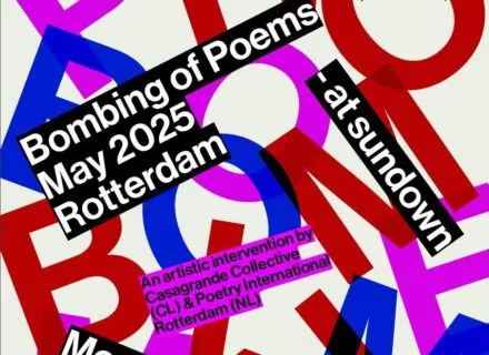 bombing in red, blue, and pink and event details in texts