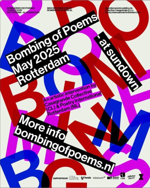 bombing in red, blue, and pink and event details in texts