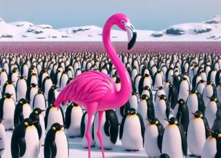 flamingo among penguins