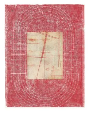 tan rectangle with red tones surrounding and light white lines in track shape surrounding the middle
