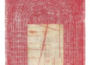 tan rectangle with red tones surrounding and light white lines in track shape surrounding the middle