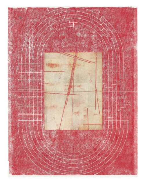 tan rectangle with red tones surrounding and light white lines in track shape surrounding the middle