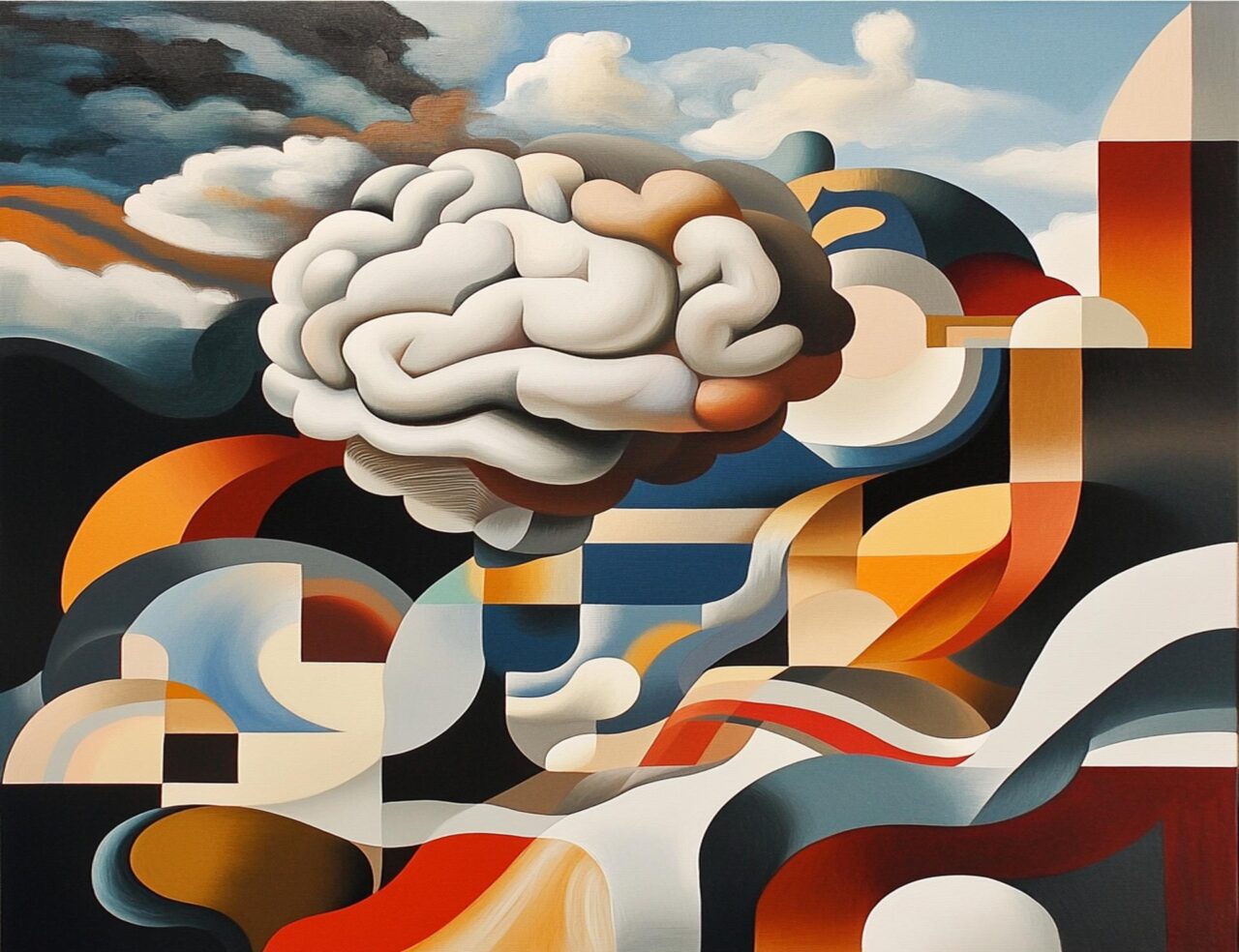 abstract brain in cloud with circular and angled shapes around it