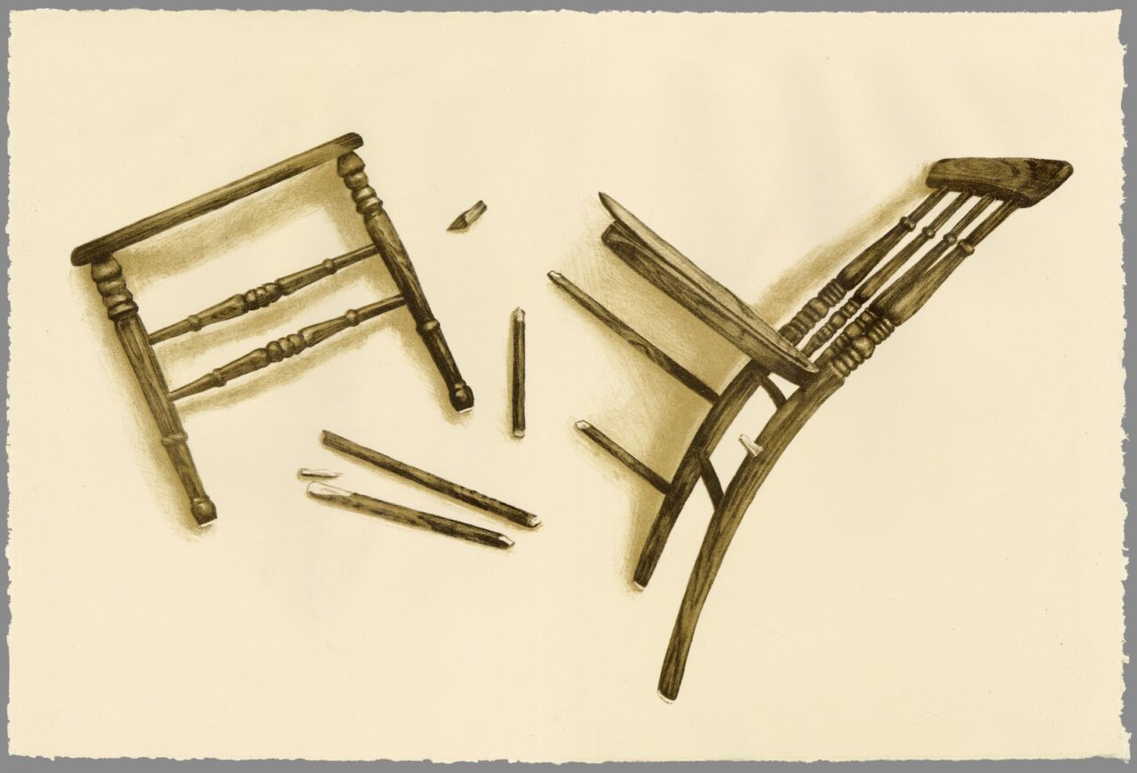 lithograph of breaking chair
