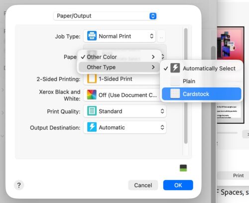 Cardstock selected from menu