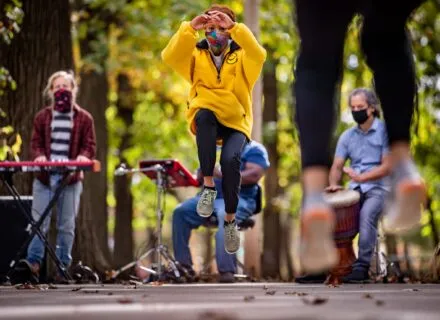 Dancer jumps outside