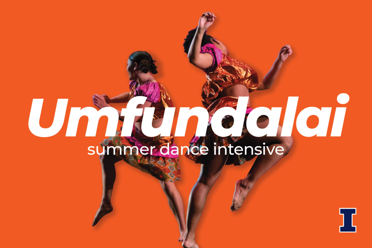 two dancers in bright costumes with pink and orange with text umfundalai summer dance intensive