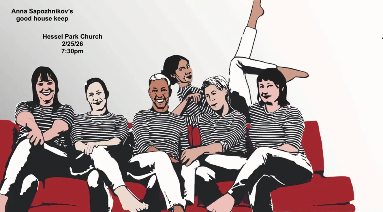 dancers seated on a red velvet couch