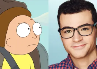 cartoon Morty and the real Belden wearing glasses and smiling