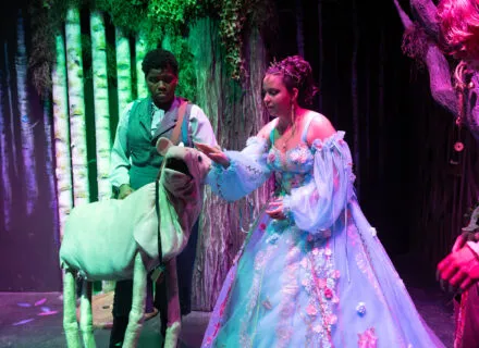Two costumed performers stand center stage
