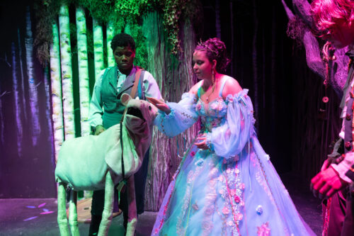 Two costumed performers stand center stage