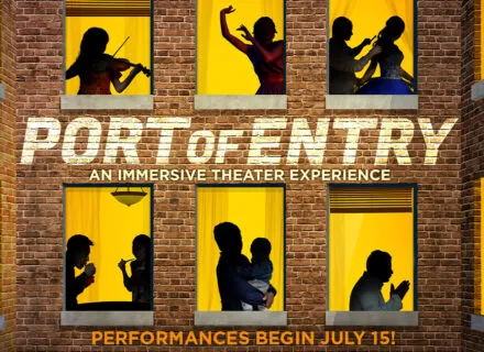 graphic with apartment complex and people in windows