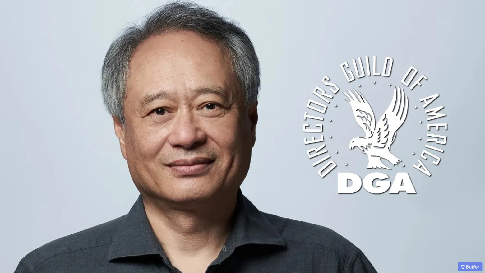 ang lee smiles with dga graphic on gray background