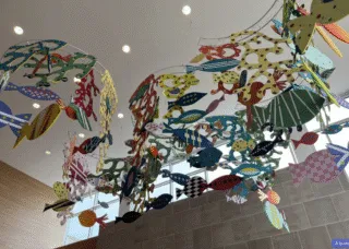 art installation hanging from ceiling with fish and coral
