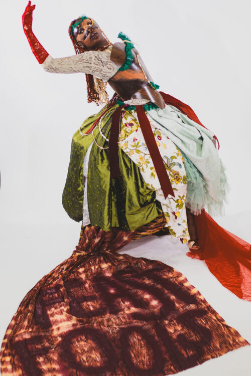 a person in an elaborate dress dances in an artful presentation