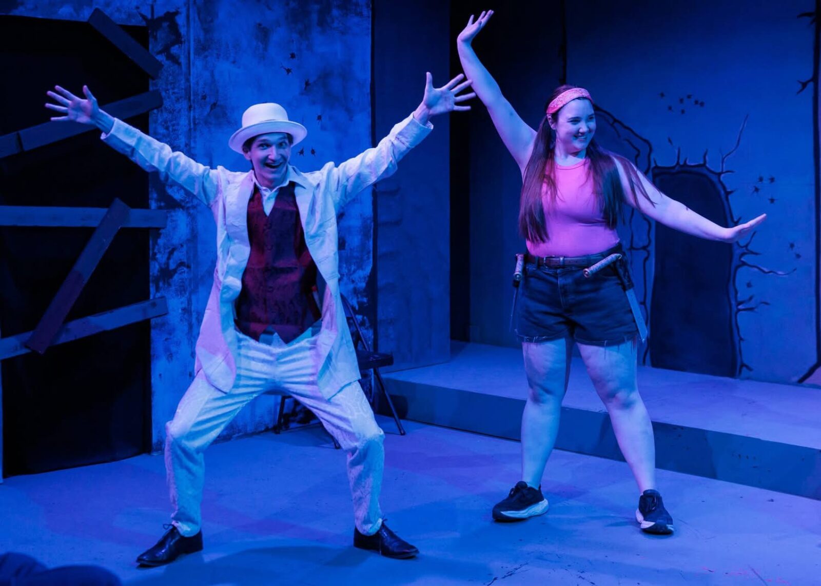 a person lies on a bench with a look of surprise