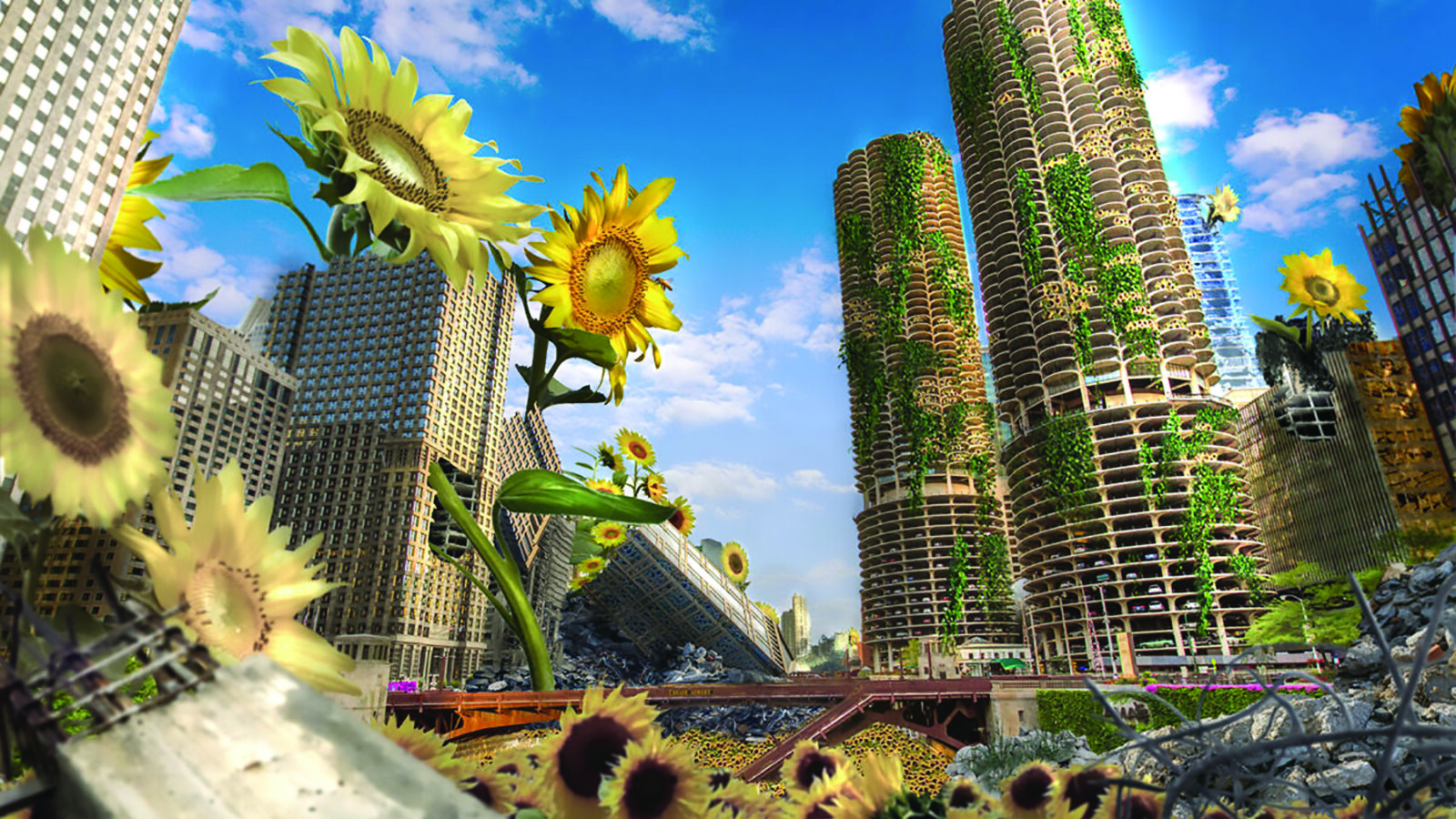 student work with sunflowers and high-rise buildings