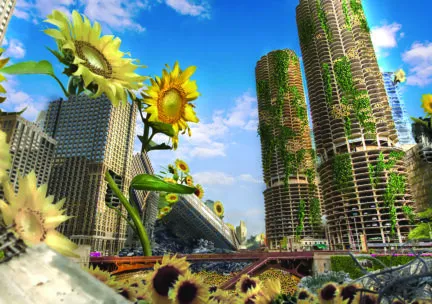 city skyline with sunflowers growing from buildings