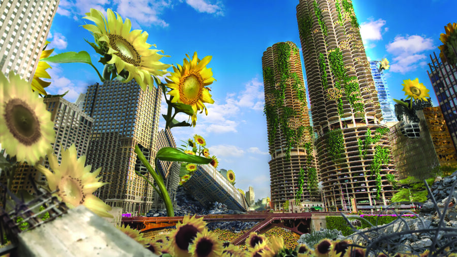 student work with sunflowers and high-rise buildings